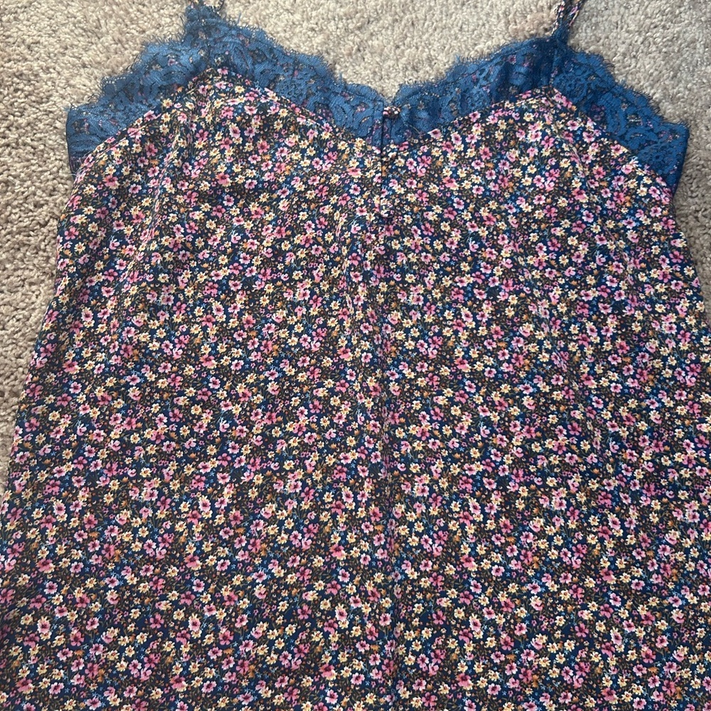 EASTER / SPRING TOP 💐 Pink Floral Patterned Cami Blouse with Navy Lace